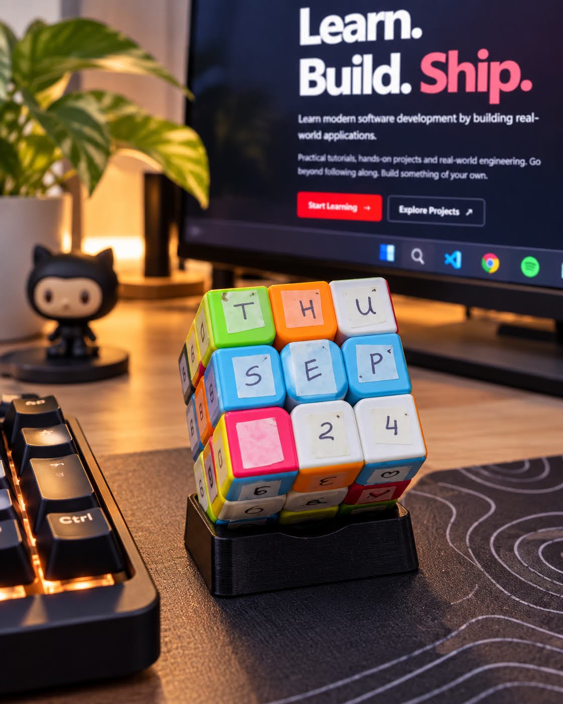 The handmade DateCube prototype in its desk stand, displaying THU SEP 24